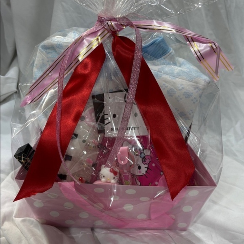 Hello Kitty Light Blue and White Knit Top and gifts in pink  gift box wrapped